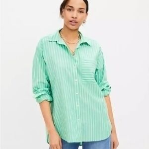 Loft Everyday Striped Shirt-Green and White Striped Button-Up Shirt